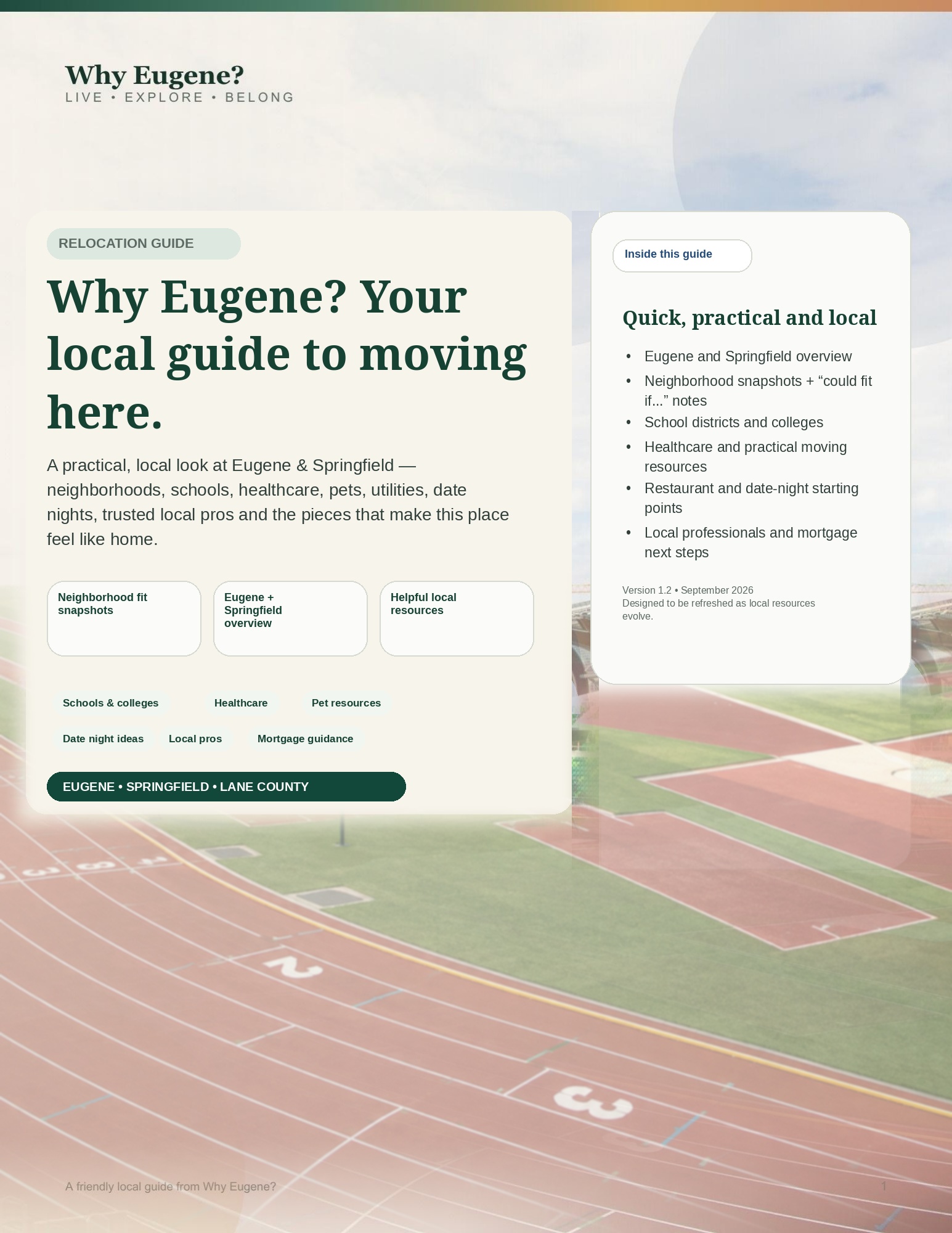 Why Eugene relocation guide cover featuring Hayward Field in Eugene, Oregon